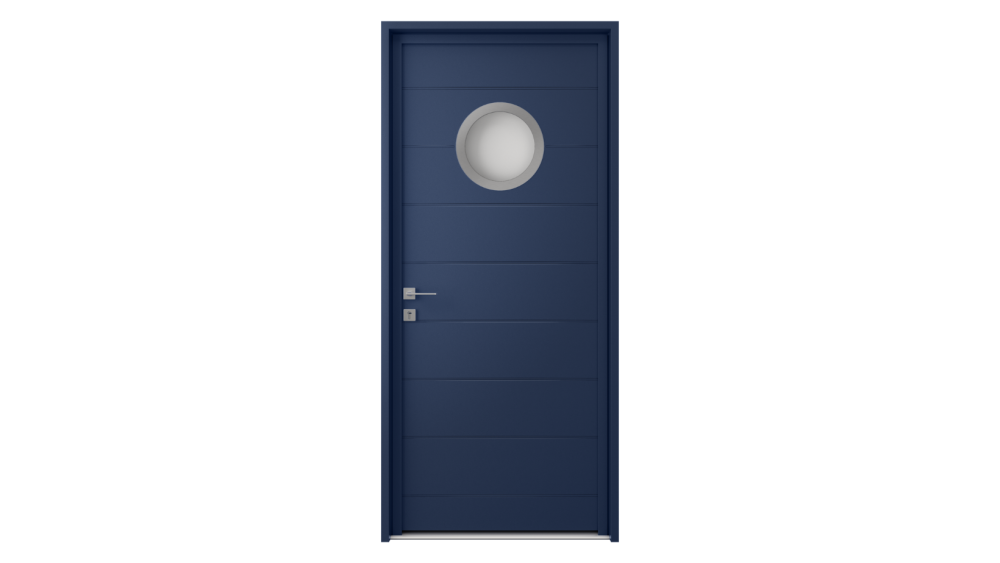 Porte d'entrée aluminium CYTHERE Porte d'entrée bleue avec lignes horizontales du haut en bas de la porte avec vitrage rond au centre du haut de la porte